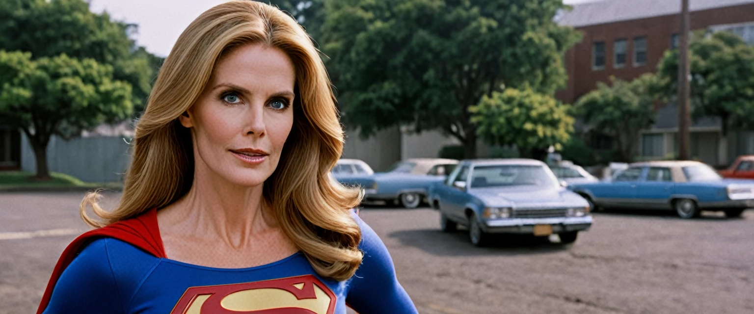 Julie Hagerty Supergirl; HD. Photograph, ((realism)), extremely high quality RAW photograph, ultra detailed photograph, sharp focus, high resolution, (detailed skin:1,3),high quality, film grain, Fujifilm XT3,Highly Detailed, movie, (Cinematic Photo:1.3) of (Realistic:1.3); 2000s movies