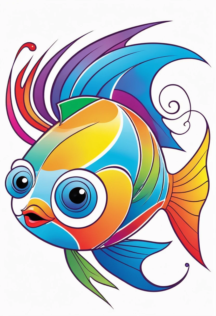 happy multicolored fish, Abstract Art for Children style, outline, vector, white background