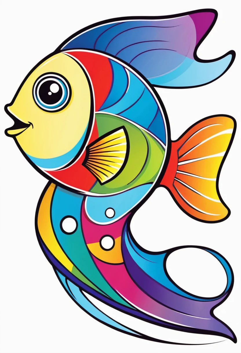 happy multicolored fish, Abstract Art for Children style, outline, vector, white background