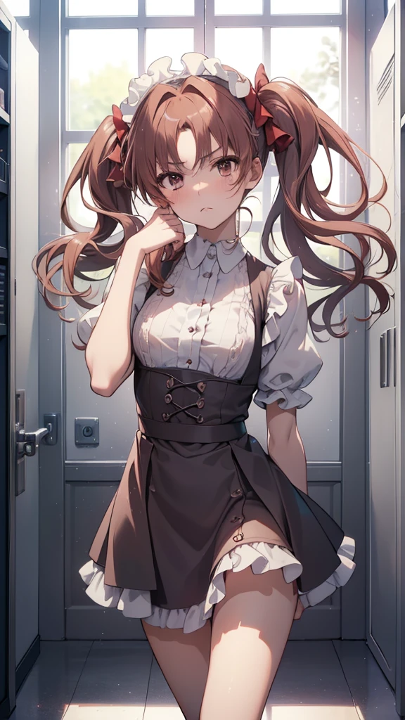 (highest quality, 8K, masterpiece, best image quality,  ultra hd, delicate and smooth skin, real looking skin, perfect and beautiful face ,perfect and cute face, high detail skin, perfect limbs、thin waist、thin legs)、NSFW、grumpy face、twin tails、brown hair、red ribbon、(Maid clothes)、locker room、