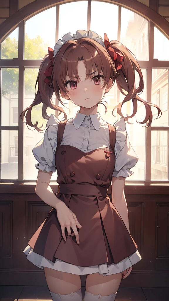 (highest quality, 8K, masterpiece, best image quality, ultra hd, delicate and smooth skin, real looking skin, perfect and beautiful face ,perfect and cute face, high detail skin, perfect limbs、thin waist、thin legs)、NSFW、grumpy face、twin tails、brown hair、red ribbon、(Maid clothes)、locker room、