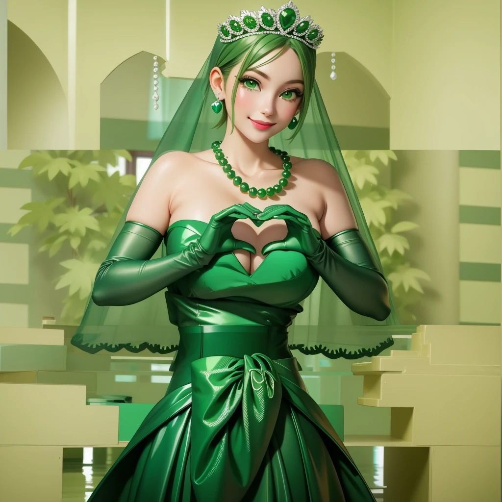 Emerald tiara, Green Pearl Necklace, ボーイッシュな非常に短いGreen Hair, Green Lips, Smiling Japanese woman, Very short hair, Busty beautiful lady, Green Eyes, Green satin long gloves, Green Eyes, Emerald Earrings, Green veil, Heart with both hands, Green Hair, Beautiful Japanese Woman, Heart shaped hands:1.3, green lip gloss