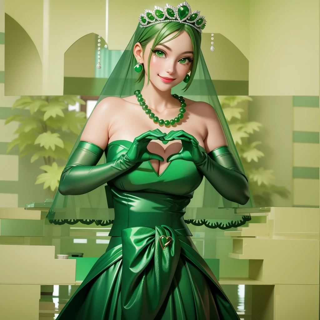 Emerald tiara, Green Pearl Necklace, ボーイッシュな非常に短いGreen Hair, Green Lips, Smiling Japanese woman, Very short hair, Busty beautiful lady, Green Eyes, Green satin long gloves, Green Eyes, Emerald Earrings, Green veil, Heart with both hands, Green Hair, Beautiful Japanese Woman, Heart shaped hands:1.3, green lip gloss