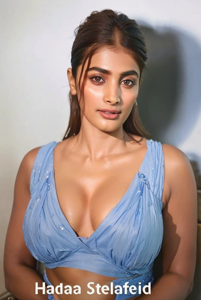 close-up portrait, (portrait photo), ((best quality)),, nikon, cinematic lighting, medium hair, ((blue iris)), (photorealistic:1.4), (pooja hegde), (as maid), (deep cleavage), bikini