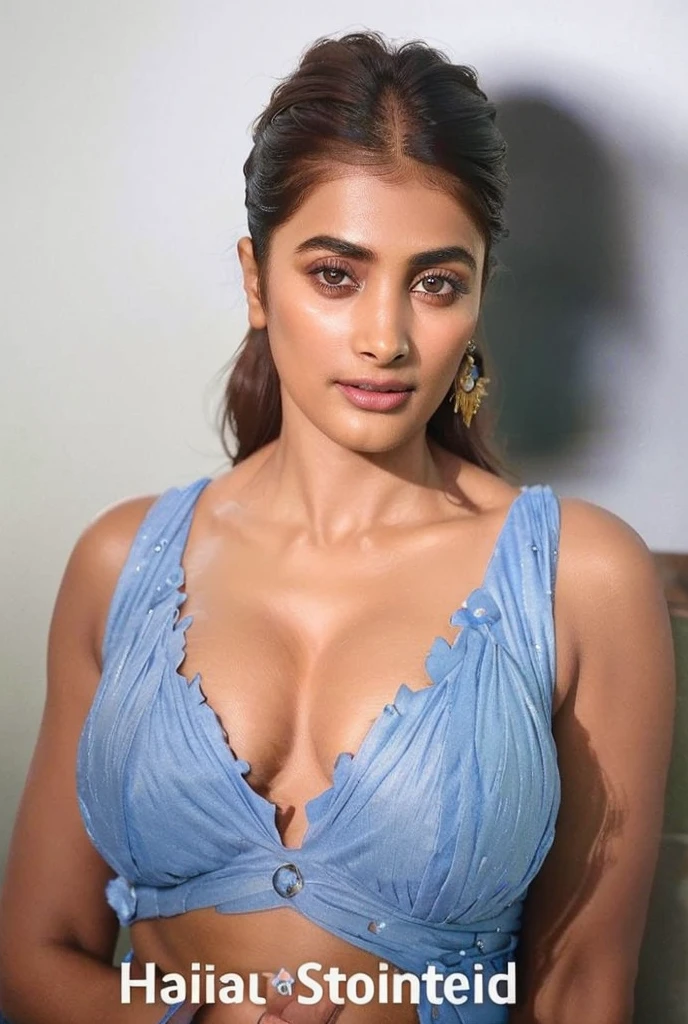 close-up portrait, (portrait photo), ((best quality)),, nikon, cinematic lighting, medium hair, ((blue iris)), (photorealistic:1.4), (pooja hegde), (as maid), (deep cleavage), bikini