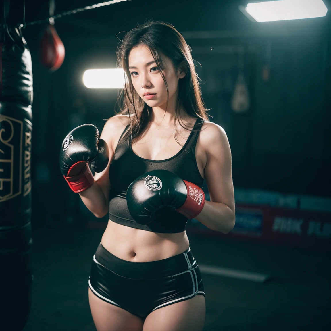 1girl,solo,long hair,Rough skin,(looking at viewer:1.2),wet hair,micro_shorts,dark, (boxing gloves:1.3), polaroid,(depth_of_field:1.5),rainy days, boxing gym, hair between eyes,moody lighting,Tyndall effect,Cinematic Lighting,night,lamppost,lens flare,available light,rim light,glowing neon lights,curvy,chinese_style,