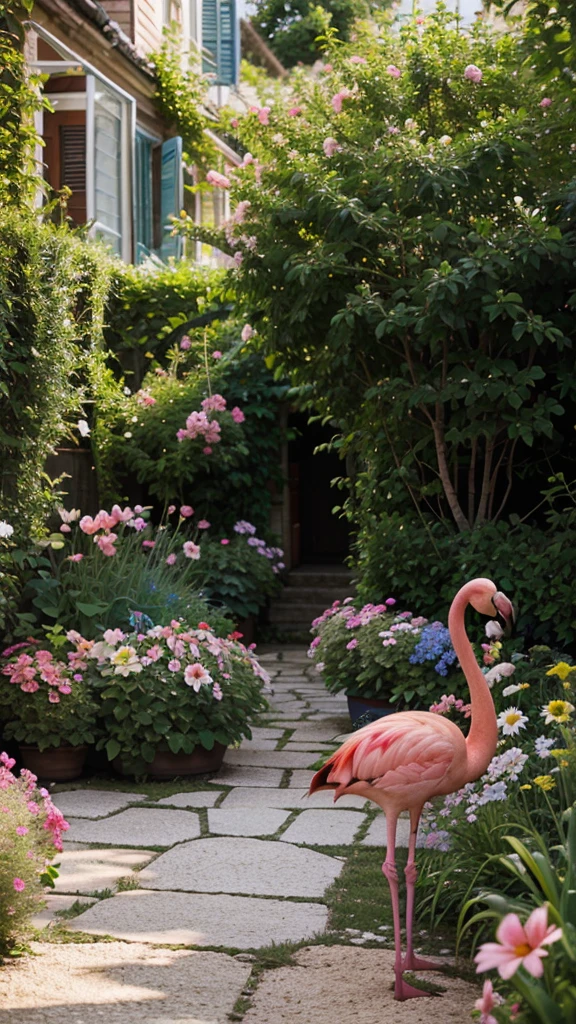 Summer garden with bright flowers, where do pink flamingos live