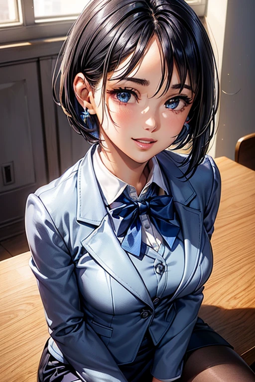 #Basics A girl is posing for a photo, animeのかわいい女の子, (((One Girl, Baby Face, Young girl, 16 years old))), 
BREAK 

#Clothing Accessories 
(White Collar Dress Shirt) + (blue suit jacket:1.4) + (Blue suit vest:1.4) + (Blue shiny pencil mini skirt:1.4) + (Black Pantyhose) + (Black high heels), 
red gem earrings, Silver Necklace, 
BREAK 

#Features 
(Black Hair), (Bangs that expose the forehead, Beautiful forehead), (Pixie Cut Hair : very short back hair + Hair that bounces out),  
(Droopy eyes, blue eyes), (Small breasts),  
BREAK 

#background environment 
(noon、(A beautiful, sunny office, Modern Building, You can see the building from the window.))
#Facial Expression Pose
((Wicked Smile, Teeth are visible), (A confident and powerful atmosphere, A commanding presence, Sit on a desk)), 
#composition 
((Face the camera, Angle from below, Cowboy Shot)),  
BREAK 

#Body parts elements 
(Detailed hair, Beautiful Hair, Shiny Hair), 
(double eyelid, Long eyelashes), 
(Expression of fine eyes, Beautiful and delicate eyes, Sparkling eyes, Eye Reflexes, Glitter Eyeliner), 
(Human Ear), 
(Beautiful Nose, Thin Nose), 
(Glossy lips, Beautiful Lips, Thick lips, Glossy Lips, Natural Cheeks), 
(Detailed face, Symmetrical facial features), 
(Detailed skin, Textured skin, Beautiful Skin, Shiny skin), 
BREAK 

#Quality 
(((Highest quality)), ((masterpiece)), ((Very detailed))), ((High resolution), (16K,1080P)), 
(Realistic), (Anatomically correct), 
((comics, anime)), (3DCG), CG illustration,
