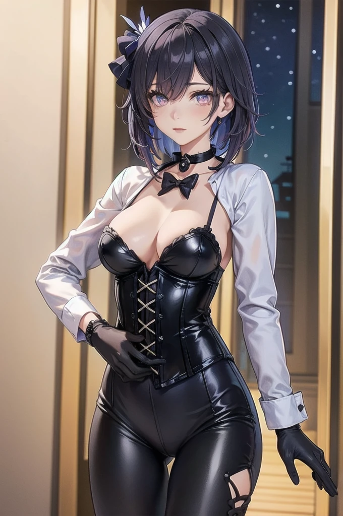 Masterpiece, Beautiful art, professional artist, 8k, Very detailed face, Detailed clothing, detailed fabric, 1 girl, Soul Fullness \(Honkai Impact 3rd\), front view, standing, perfectly drawn body, shy expression, pale skin, beautiful face, short dark blue hair, 4k eyes, very detailed eyes, pink cheeks, choker:1.6, (white long sleeve button down shirt with white collar), black gloves, gloves that cover hands, (black leather corset), (shiny black leggings), Sensual Lips , winter night, show details in the eyes, looking at the viewer, elegant room, at night