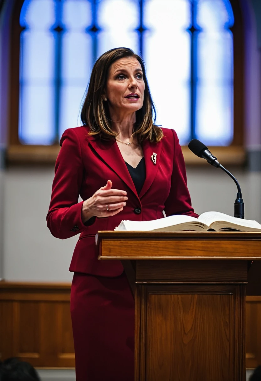 woman in red suit speaking at the podium, ( Greg Rutkowski ), emily rajtkowski, full subject shown in photo, full resolution,