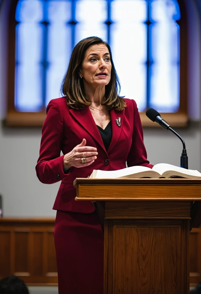 woman in red suit speaking at the podium, ( Greg Rutkowski ), emily rajtkowski, full subject shown in photo, full resolution,