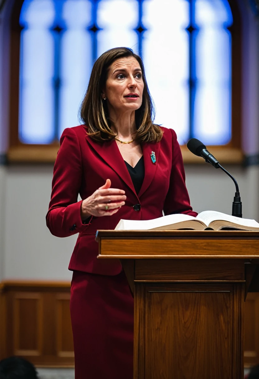 woman in red suit speaking at the podium, ( Greg Rutkowski ), emily rajtkowski, full subject shown in photo, full resolution,