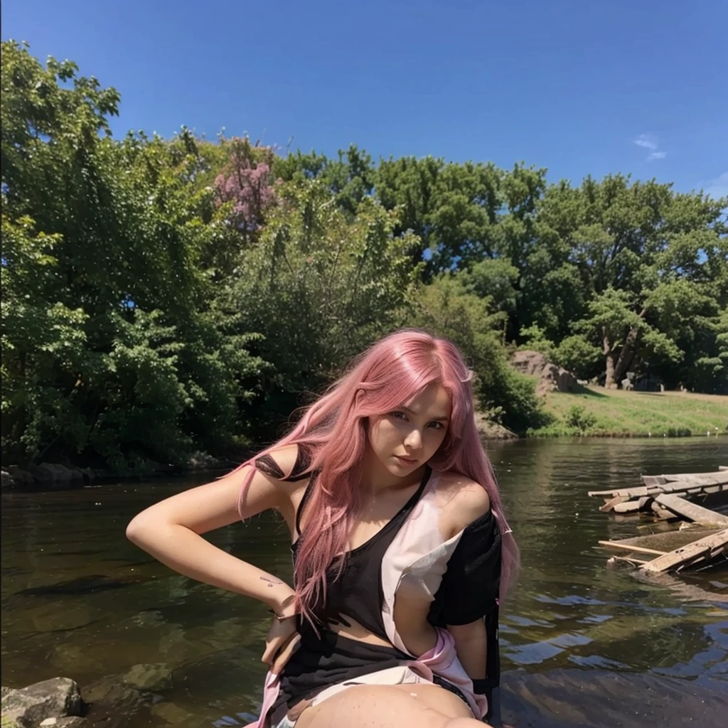 25-year-old girl with shoulder-length messy hair pink, pink hair