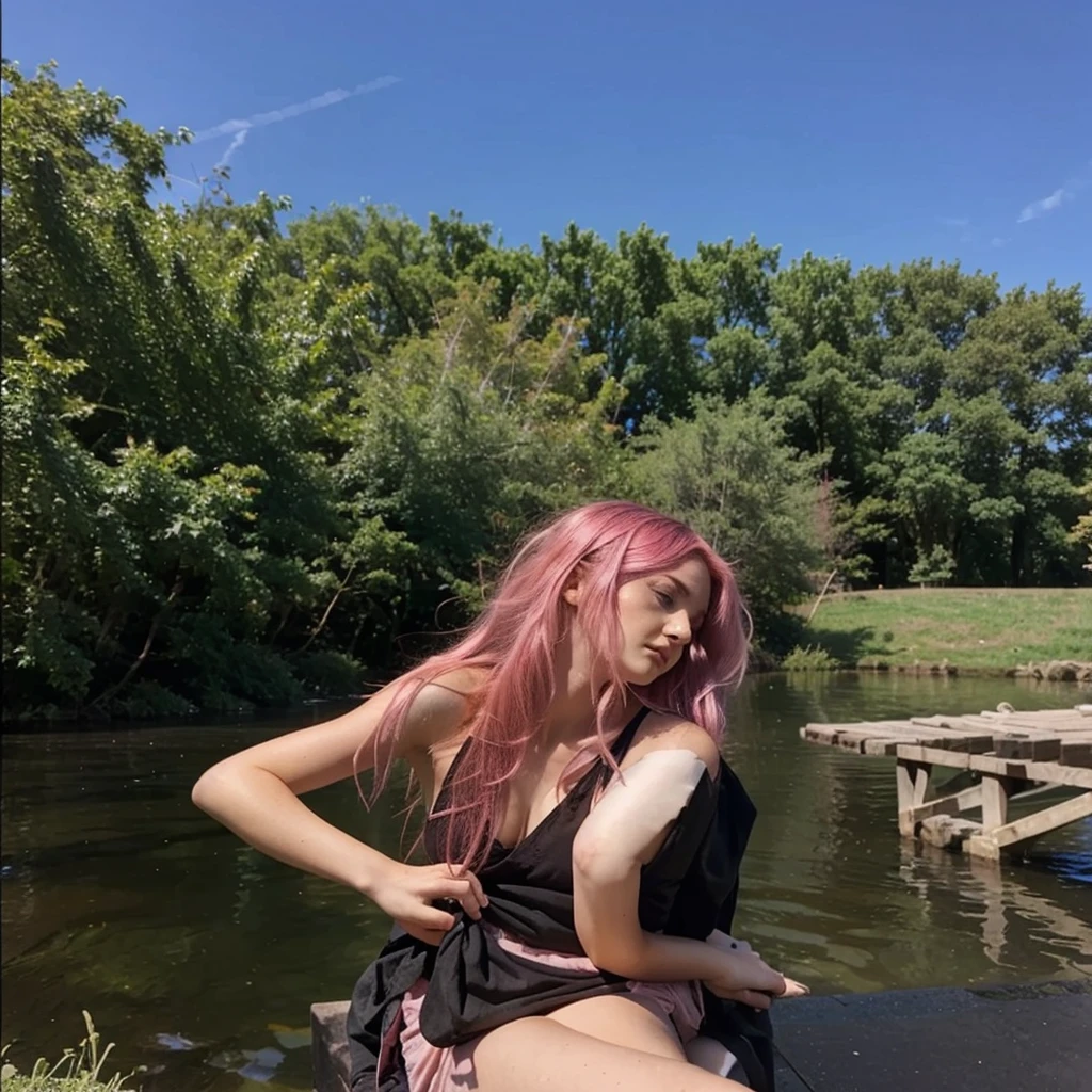 25-year-old girl with shoulder-length messy hair pink, pink hair