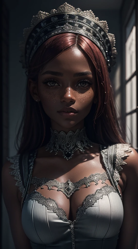 An exquisite portrait of a black African woman with deep ebony skin, photography captured in stunning 8k resolution and raw format to preserve the highest quality of details. The beauty of women is undeniable, her face commanding the frame in a close-up that reveals the intricate details of her eyes. She wears a dress that complements her radiant skin, and her eyes are portrayed with meticulous attention to detail, showing the captivating depth within. The photograph is taken with a lens that emphasizes the challenge of your gaze, and the backdrop is a dark studio environment that brings out the soft colors of the scene. Lighting and shadows are expertly crafted to highlight the richness of your skin tone and the subtle nuances of your features... Your red hair, with its distinct tone, adds a touch of warmth and contrast against your ebony skin. The interior ambiance adds a sense of intimacy, while the freckles on your skin tell their own story. The overall composition captures its essence with authenticity and grace, creating a portrait that is a celebration of your heritage and beauty. Photography by challenge512, using the best shadow and lighting techniques, to create a mesmerizing portrait that transcends the visual.