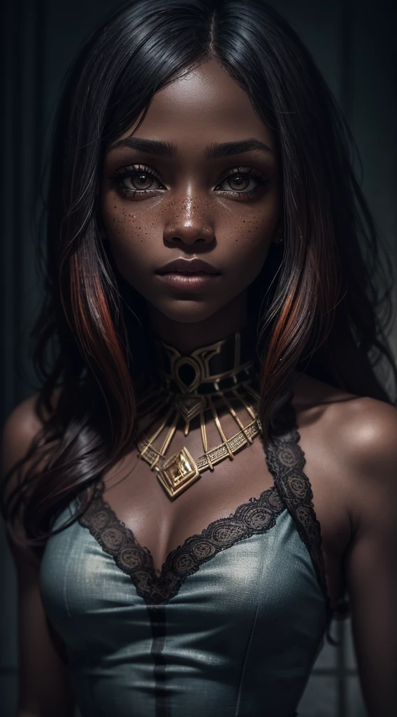 An exquisite portrait of a black African woman with deep ebony skin, photography captured in stunning 8k resolution and raw format to preserve the highest quality of details. The beauty of women is undeniable, her face commanding the frame in a close-up that reveals the intricate details of her eyes. She wears a dress that complements her radiant skin, and her eyes are portrayed with meticulous attention to detail, showing the captivating depth within. The photograph is taken with a lens that emphasizes the challenge of your gaze, and the backdrop is a dark studio environment that brings out the soft colors of the scene. Lighting and shadows are expertly crafted to highlight the richness of your skin tone and the subtle nuances of your features... Your red hair, with its distinct tone, adds a touch of warmth and contrast against your ebony skin. The interior ambiance adds a sense of intimacy, while the freckles on your skin tell their own story. The overall composition captures its essence with authenticity and grace, creating a portrait that is a celebration of your heritage and beauty. Photography by challenge512, using the best shadow and lighting techniques, to create a mesmerizing portrait that transcends the visual.