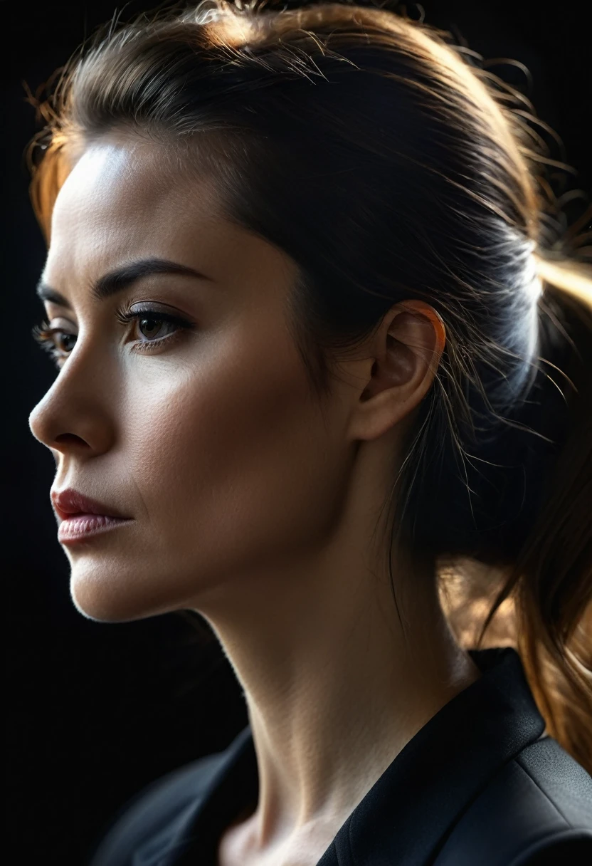 Portrait of very serious woman in profile with dark background, hyper realistic image 