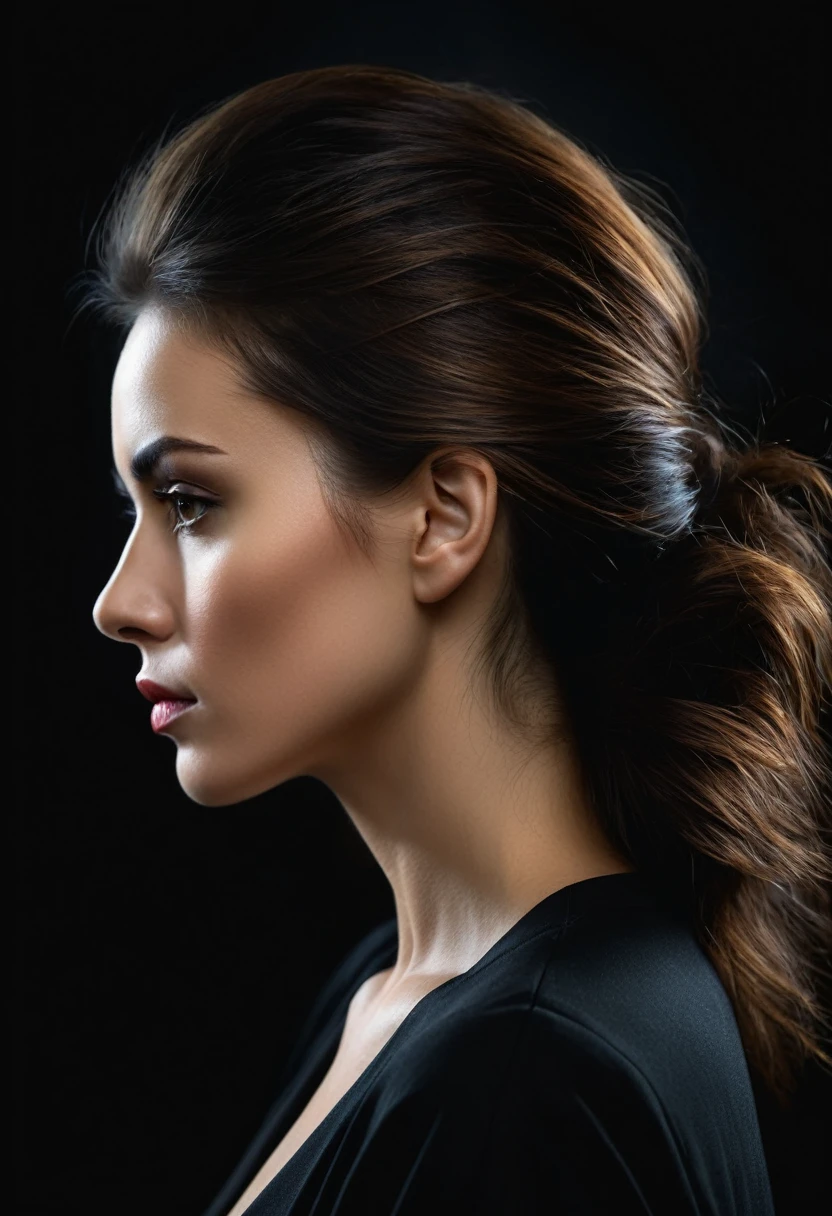 Portrait of very serious woman in profile with dark background, hyper realistic image 