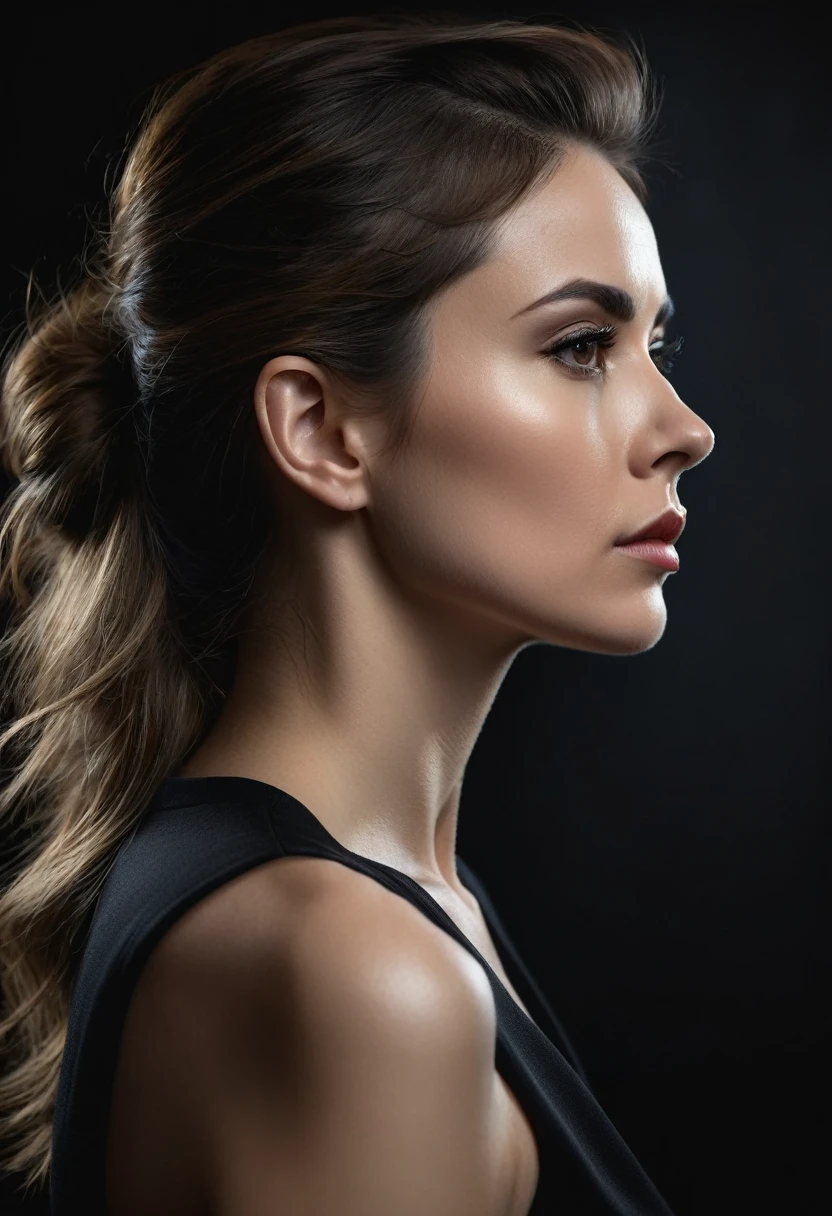 Portrait of very serious woman in profile with dark background, hyper realistic image