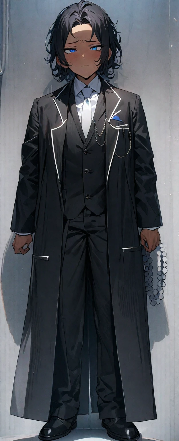(( straight face picture )) ((best quality)), (Masterpiece)), (details), ( Beautiful colors ) ( ornamentation ) ( see the whole body ) young man , Tanned skin , black hair ,blue eyes ,Shoulder-length hair ,Slightly curly hair , open forehead , wearing a black suit ,white tie , Wear a white doctor&#39;s coat , , Have a rosary in hand , Whole body image
