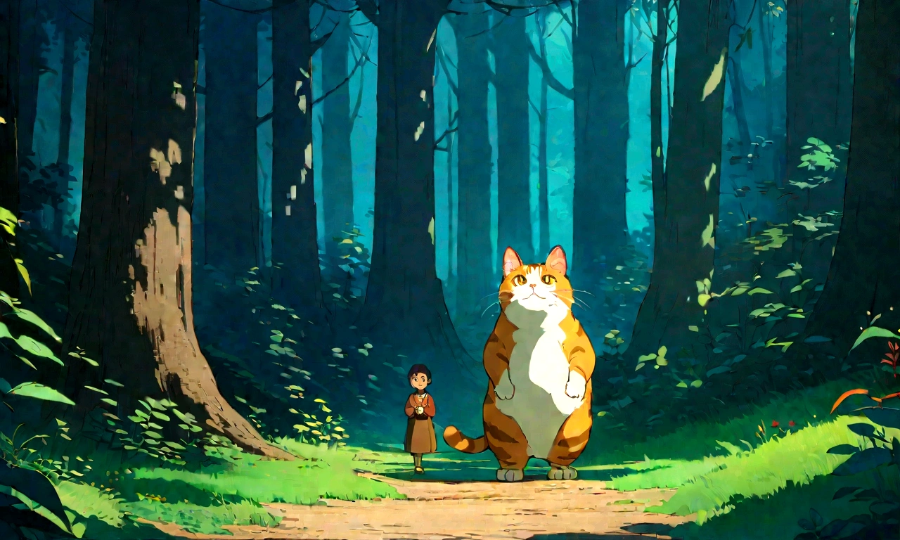 Studio Ghibli-style anime movies, Movie stills, Highest quality, masterpiece, Representative works, Official Art, Professional, Super intricate details, 8K,There is a cat in the distance, in the forest、relax、