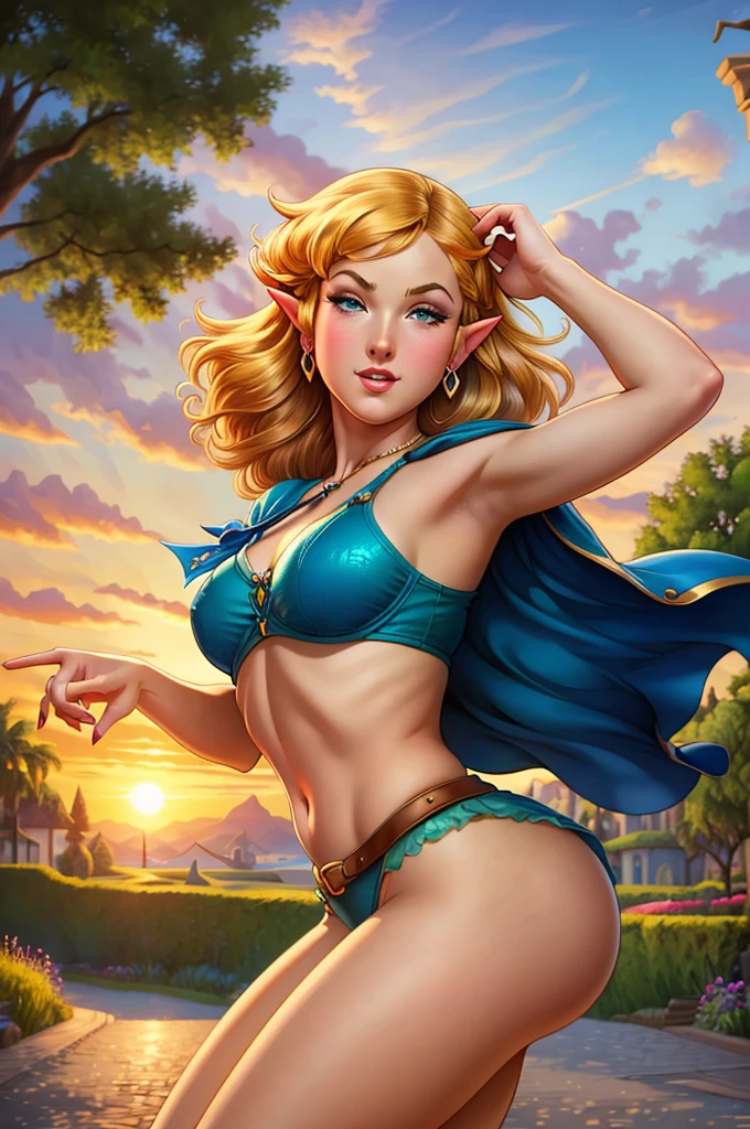 The Legend of Zelda, Romantic promenade, Evening sunset , free,  in the style of Pin Up, higly detailed, Complicated details, Gil Elvgren's style, Artgerm and Gil Elvgren,Colorful pin-up art, Gill Elvgren, [(realist in the style of David Barnett · Newton Hellmuth · Yuriy Arkurs ), vintage, 50 mm]