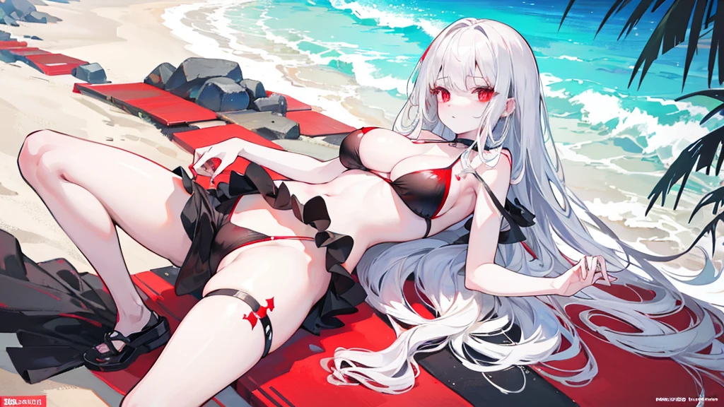 
1 girl, white skin, silver hair, red eyes, black bikini, beach, sea, best quality, Line draft, highres, (ultra-detailed:1.1), (illustration:1.1), lying, big breasts,