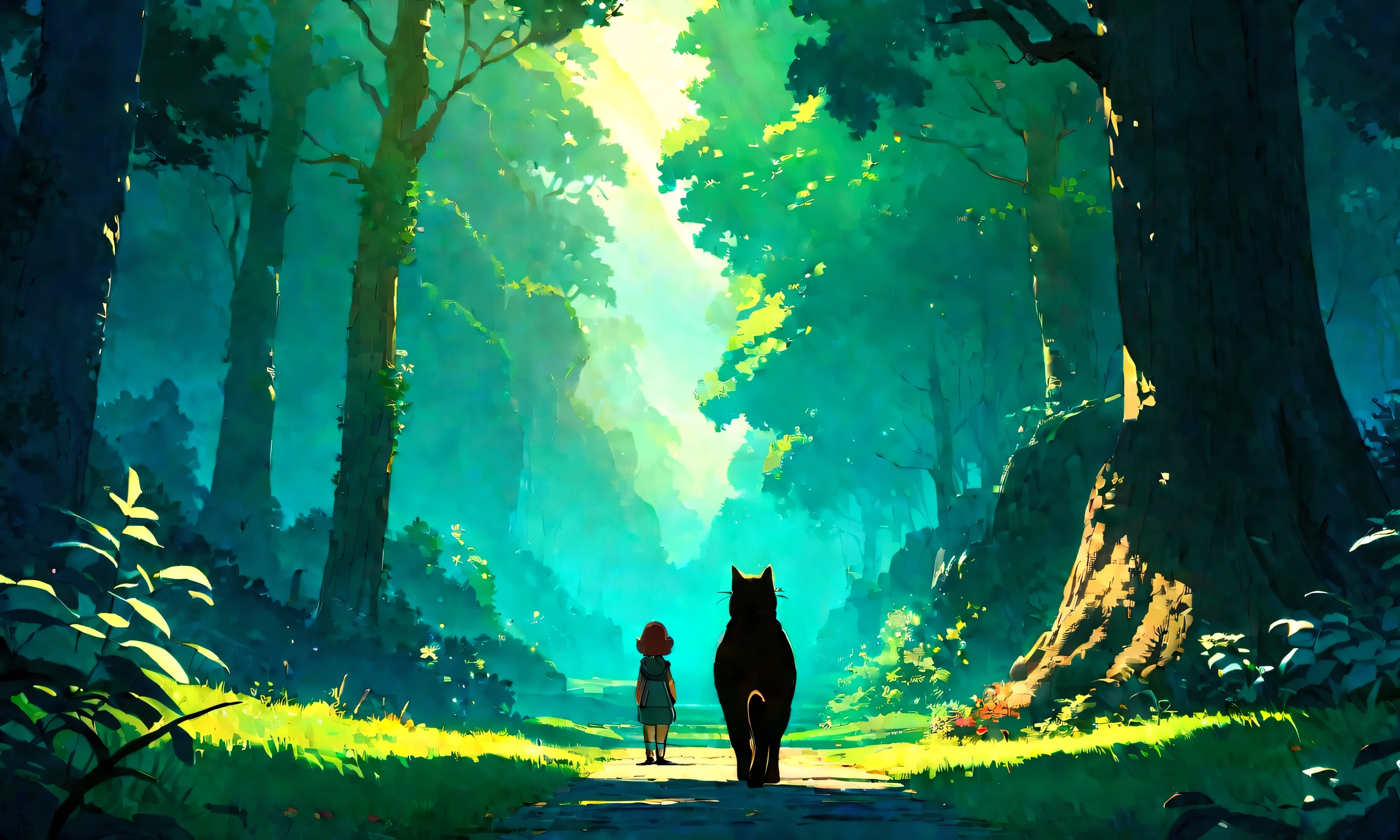 Studio Ghibli-style anime movies, Movie stills, Highest quality, masterpiece, Representative works, Official Art, Professional, Super intricate details, 8K,There is a cat in the distance, in the forest、relax、