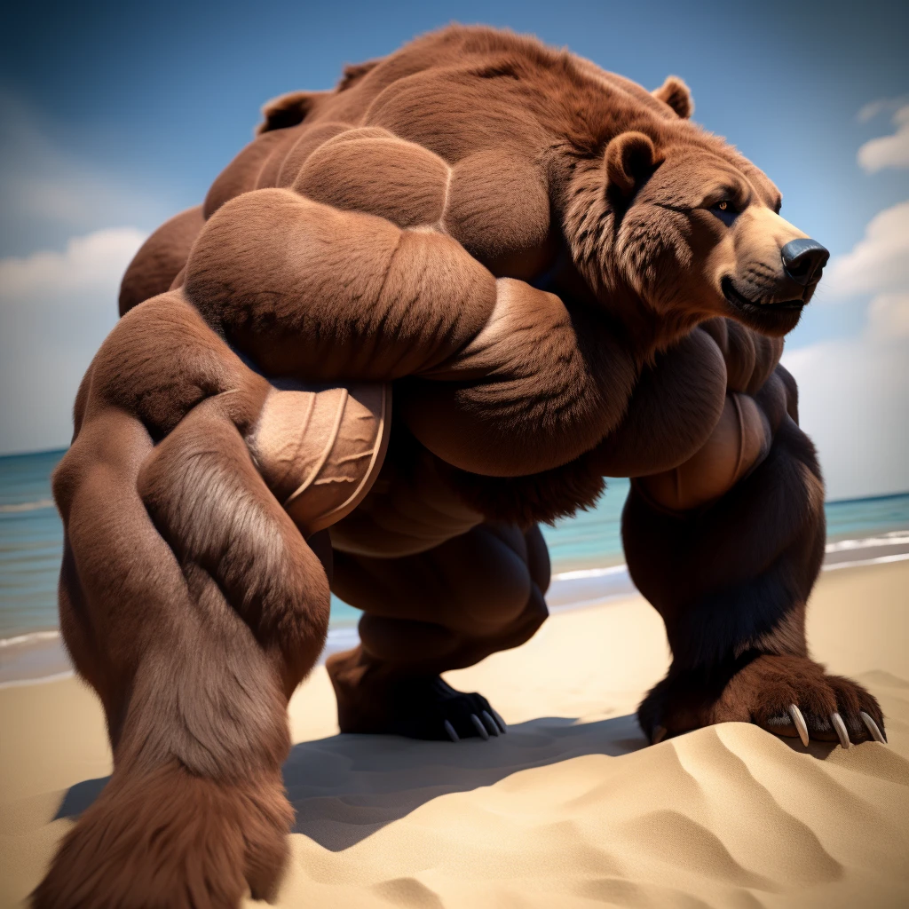 realistic, hyper realistic, detailed muscle,(furry brown grizzly bear), good anatomy, masterpiece, art winner, beach, extremely huge muscular, massive muscular, full-body, well-muscled man. ((extremely muscle size, super thick arms, huge pec, extremely wide pectoral, brown fur, huge arms)). Pushups position, and add details to make it attractive and interesting. Add textures and details to make the image more realistic, Make sure the resulting image is high resolution, 8K quality."