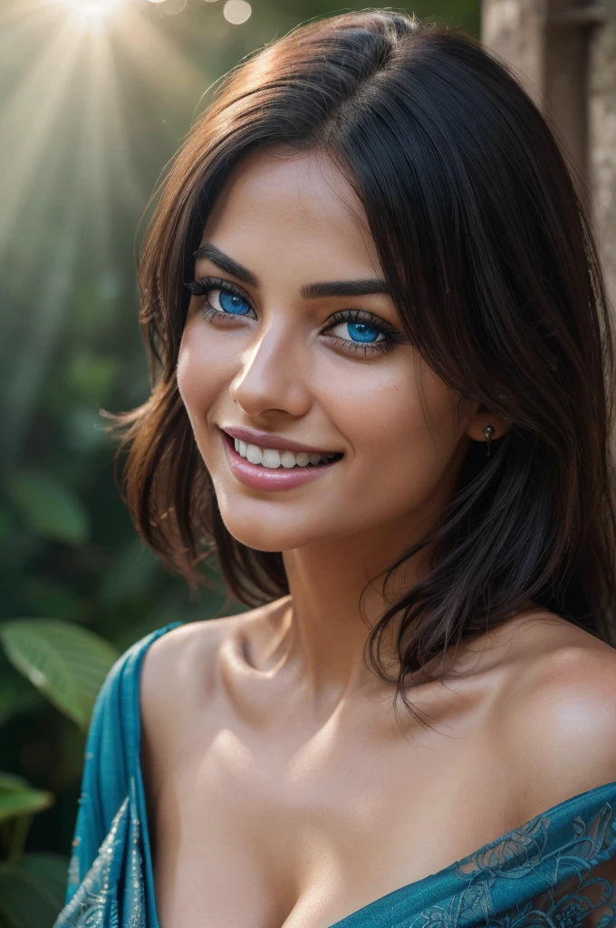 Saree, busty, RAW, analog, Nikon Z 85mm,((best quality)), ((masterpiece)), ((realistic)),vintage image, gorgeous, big smile with teeth showing, ((big breastreckles:0.6), intricate details, highly detailed, sharp focus, professional, 4k, god rays, hand model, stunning blue eyes, , highres, detailed facial features, high detail, sharp focus, smooth, extremely detailed, photo_\(ultra\), photorealistic, realistic, post-processing, max detail, roughness, real life, ultra realistic, photorealism, 8k uhd,