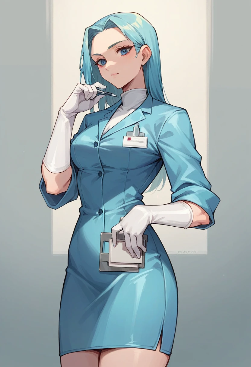 1girl, ((white elbow gloves)), ((surgical gloves)), ((latex gloves)), ((((long sleeves)))), ((light blue surgeon outfit)), looking at viewer, ((light blue doctor outfit)), standing, solo