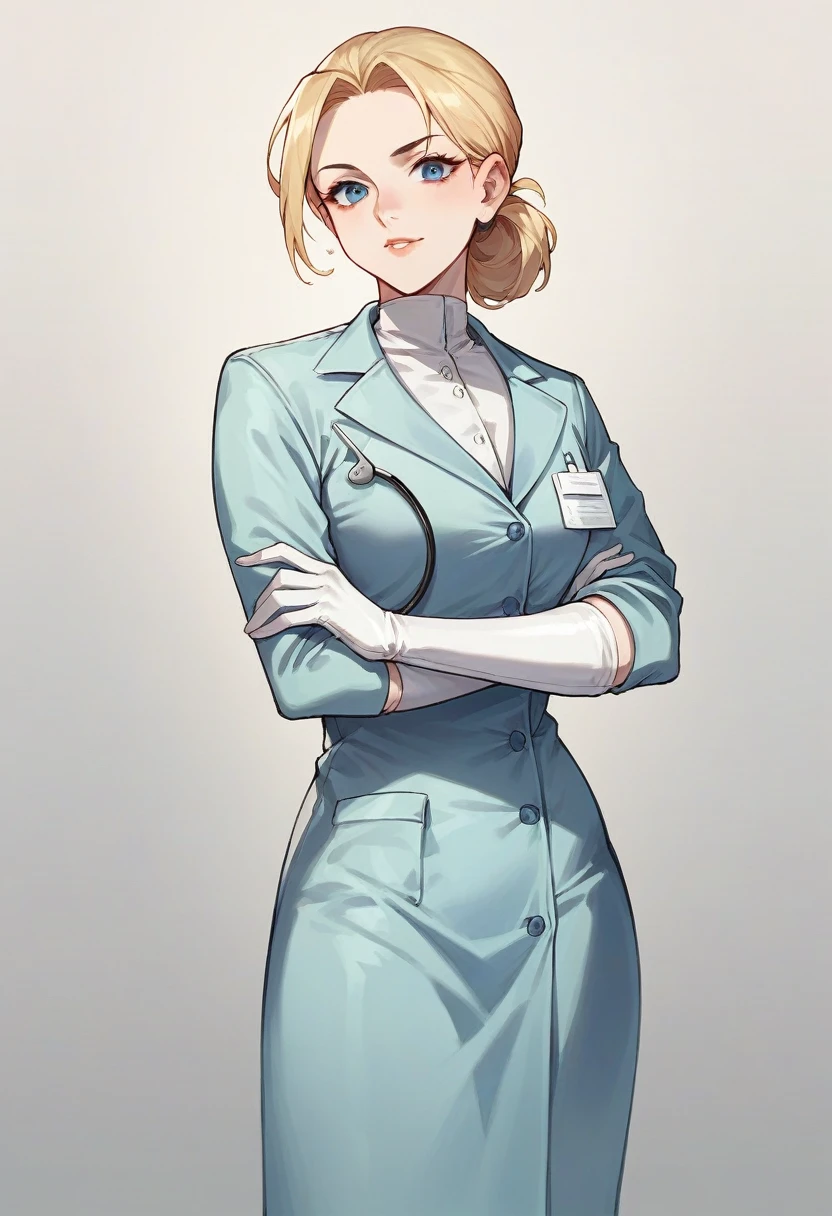 1girl, ((white elbow gloves)), ((surgical gloves)), ((latex gloves)), ((long sleeves)) ((blue surgeon outfit)), (doctor coat), looking at viewer, ((surgeon girl)), standing, solo