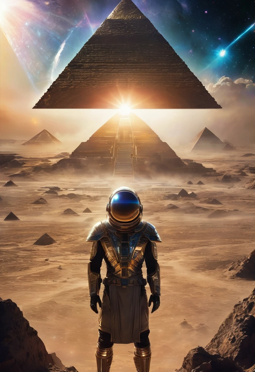 there is a man standing in front of a pyramid with a sword, ancient megastructure pyramid, pyramid portal, pyramid background, ancient alien portal, portal to outer space, alien space ship flying in space, lens flare. occult photorealism, otherworldly visuals, space quantum death. deep space, star - gate of futurisma, spaceship in a nebula