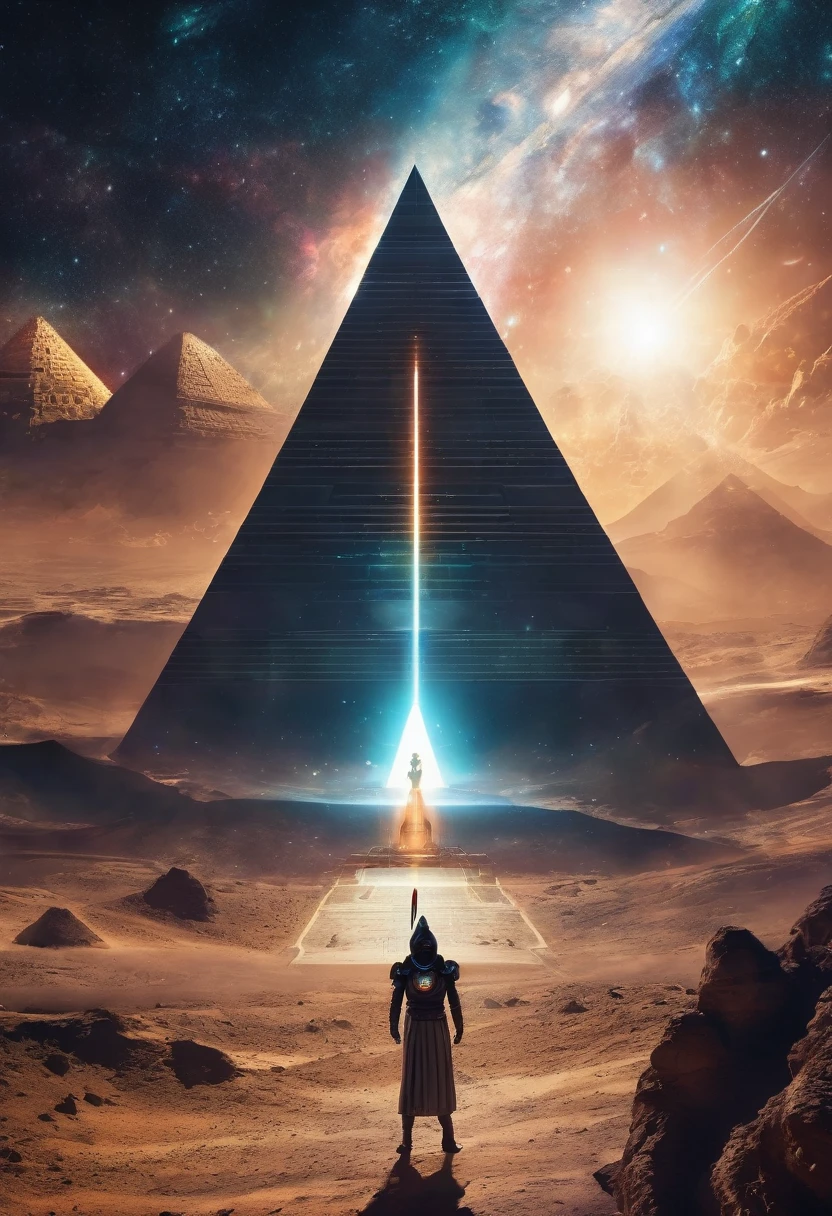 there is a man standing in front of a pyramid with a sword, ancient megastructure pyramid, pyramid portal, pyramid background, ancient alien portal, portal to outer space, alien space ship flying in space, lens flare. occult photorealism, otherworldly visuals, space quantum death. deep space, star - gate of futurisma, spaceship in a nebula
