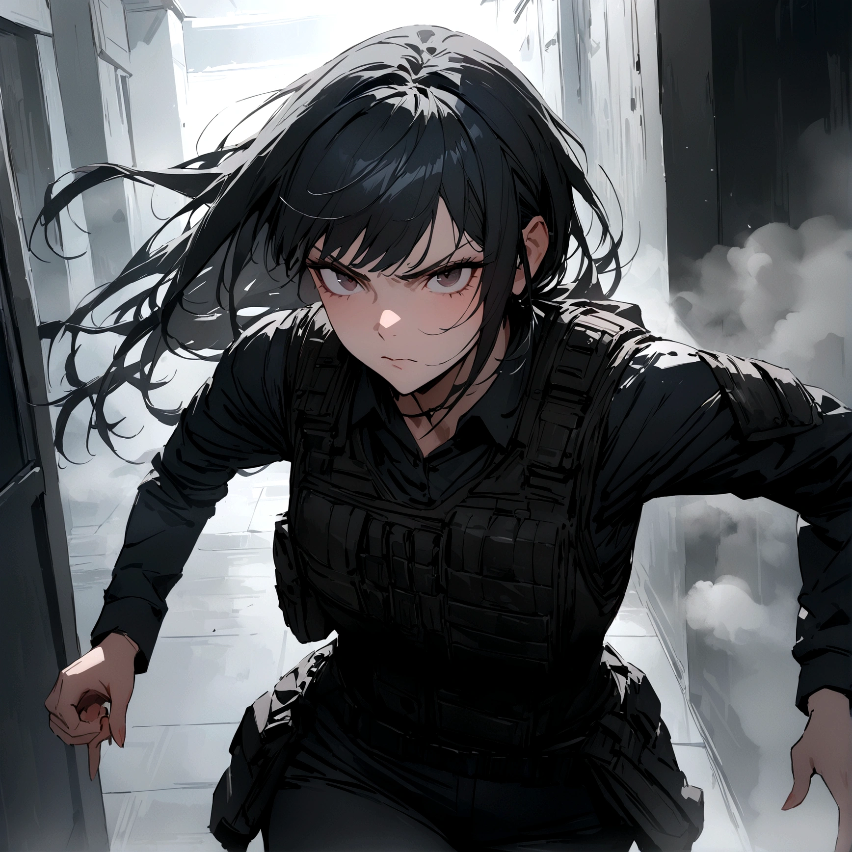 woman with a black outfit and tactical vest, serious face, 4k, (black hair with silver bangs),solo , assassin women, (8k, best quality, masterpiece: 1.2), ultra-detailed, dynamic, hotel hall, action, foggy, dark oni mask