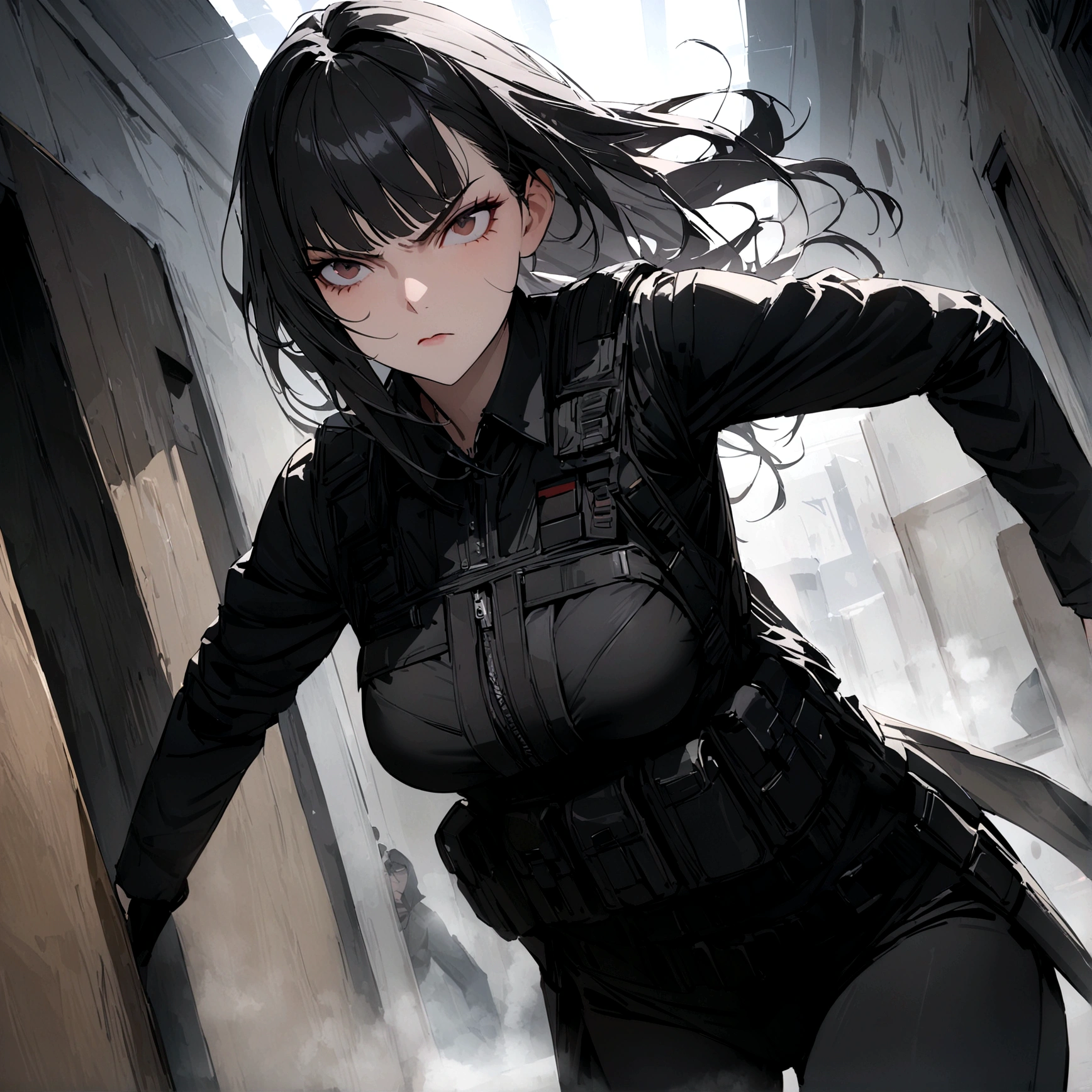woman with a black outfit and tactical vest, serious face, 4k, (black hair with silver bangs),solo , assassin women, (8k, best quality, masterpiece: 1.2), ultra-detailed, dynamic, hotel hall, action, foggy, dark oni mask