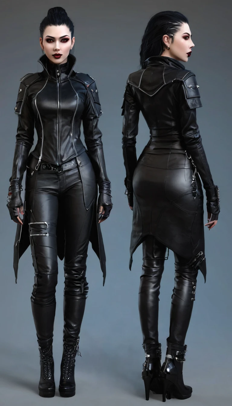 Create a full body female character and clothing items from vampire clans in modern times and create modern and cyberpunk fashion. Front, side and backCreate a full body female character and clothing items from vampire clans in modern times and create modern and cyberpunk fashion. Front, side and back