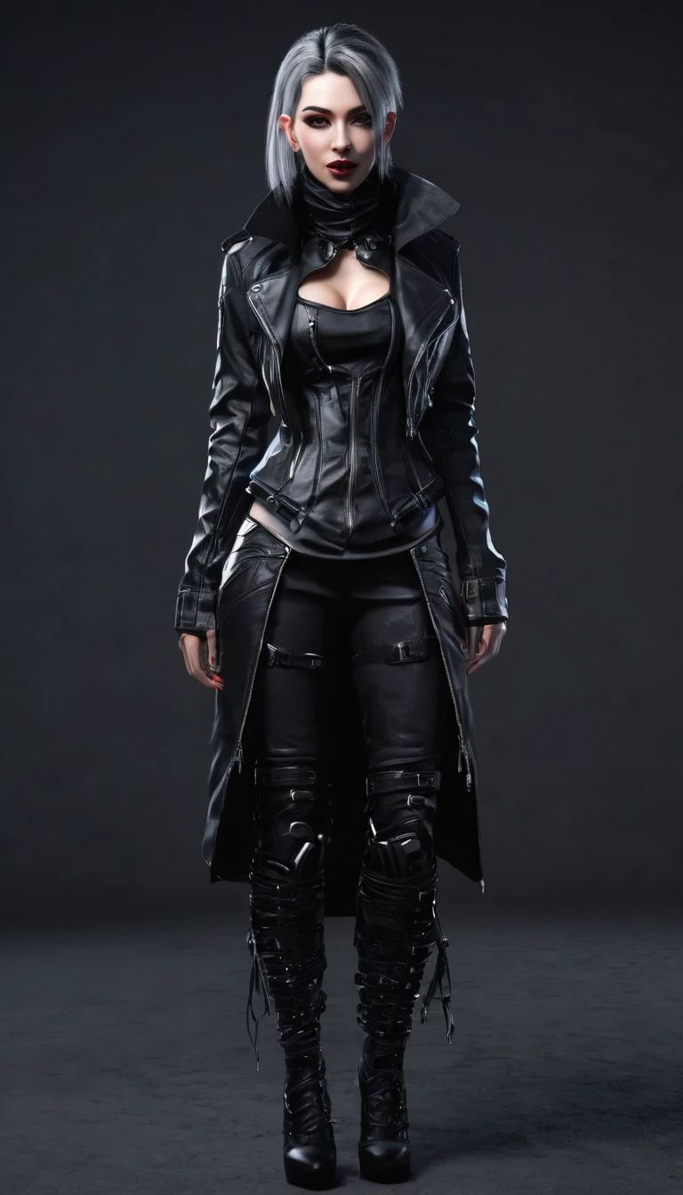 Create a full body female character and clothing items from vampire clans in modern times and create modern and cyberpunk fashion. Front, side and backCreate a full body female character and clothing items from vampire clans in modern times and create modern and cyberpunk fashion. Front, side and back