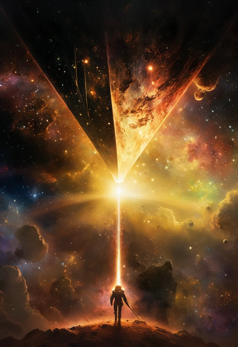 there is a man standing on a hill with a sword in his hand, spaceship in a nebula, a spaceship through the nebula, inspired by Chris Foss, space quantum death. deep space, lens flare. occult photorealism, spaceship exploding, an epic space ship scene, alien space ship flying in space, science fiction digital art, sci-fi digital art illustration