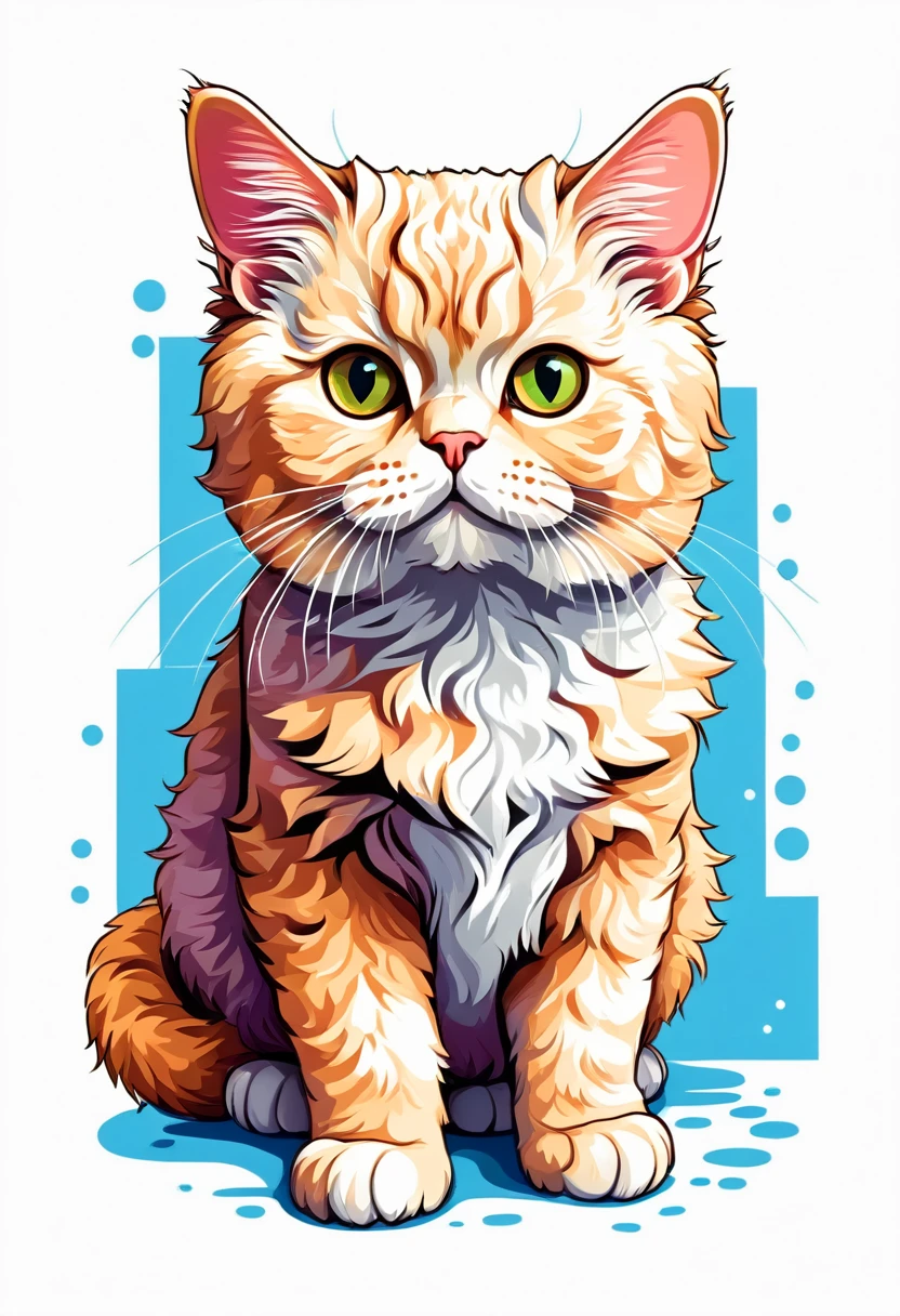 A t-shirt with graphic design art, flat illustration of a Selkirk Rex breed cat,  cuddly, colorful tones, highly detailed cleanliness, imagem vectorial, photorealistic masterpiece, professional photograpy, plain white background, isometric, Vibrant, vector