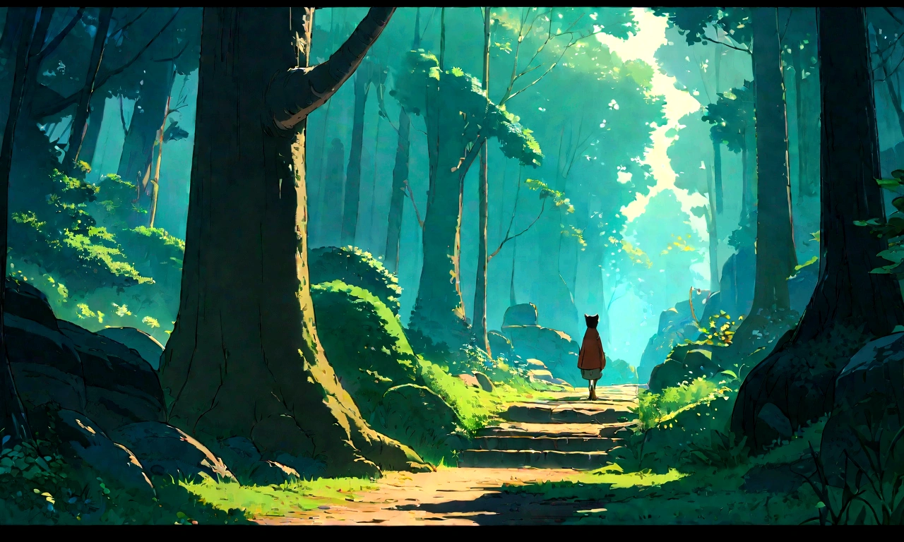 Studio Ghibli-style anime movies, Movie stills, Highest quality, masterpiece, Representative works, Official Art, Professional, Super intricate details, 8K,There is a cat in the distance, in the forest、relax、