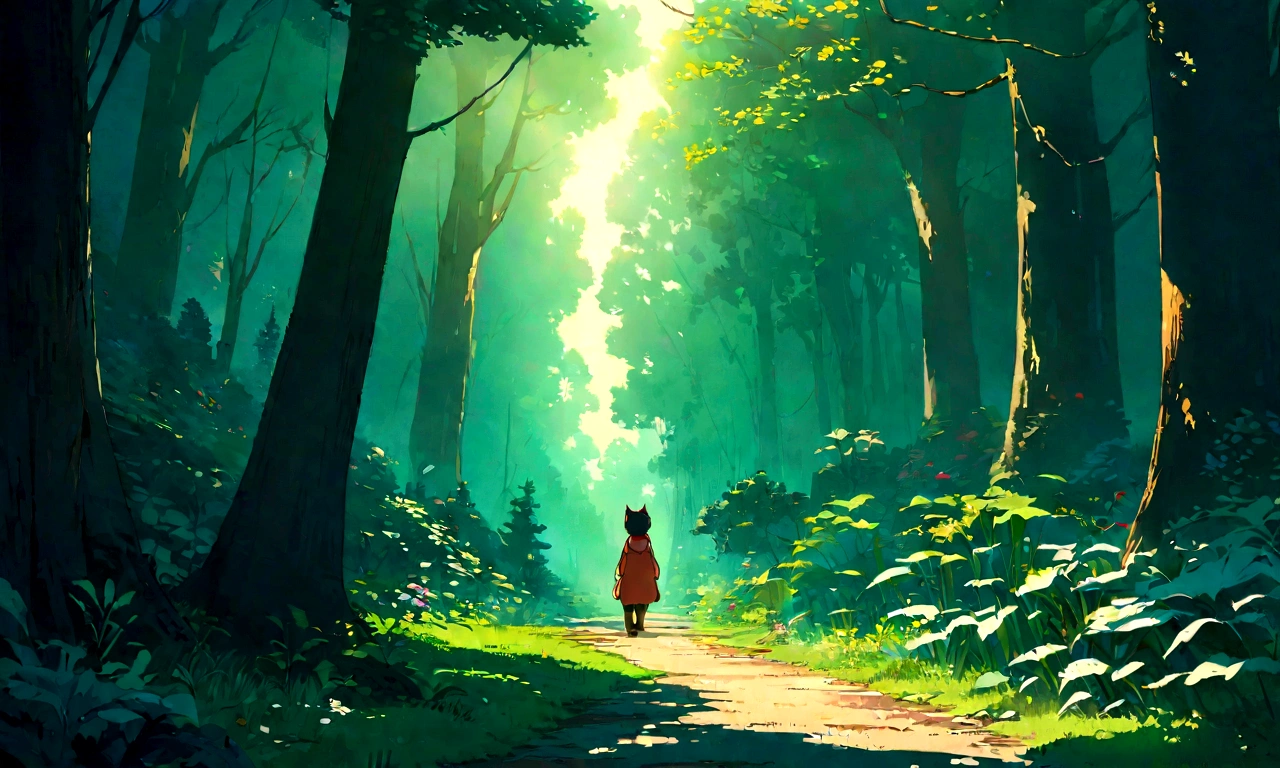 Studio Ghibli-style anime movies, Movie stills, Highest quality, masterpiece, Representative works, Official Art, Professional, Super intricate details, 8K,There is a cat in the distance, in the forest、relax、