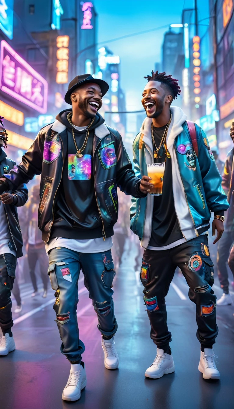 Adult BLACK men dressed in urban clothing, In an urban landscape and holographic signs、HAPPY DANCING on the road. are drinking and laughing, The background is modern and cyberpunk, high tech vibe. Lovely Digital Painting, 3D rendering, Bright lighting, swirly vibrant colors. adult people, BEAUTIFUL black people, different faces.