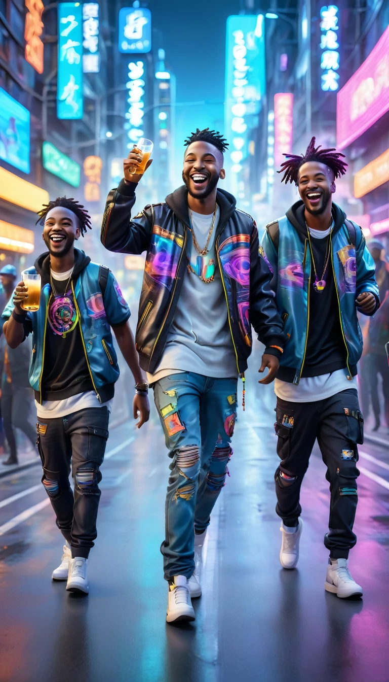 Adult BLACK men dressed in urban clothing, In an urban landscape and holographic signs、HAPPY DANCING on the road. are drinking and laughing, The background is modern and cyberpunk, high tech vibe. Lovely Digital Painting, 3D rendering, Bright lighting, swirly vibrant colors. adult people, BEAUTIFUL black people, different faces.