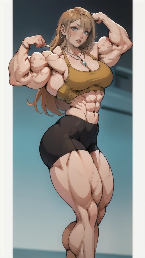 1girl,masterpiece , best quality,highres,  4k, Marin kitagawa, character in gym wear,long fluffy voluptuous hair,makeup,fashionable,necklace,jewelry,smiling,happiness radiant,posing sexy,muscular woman,bodybuilder,two tone hair