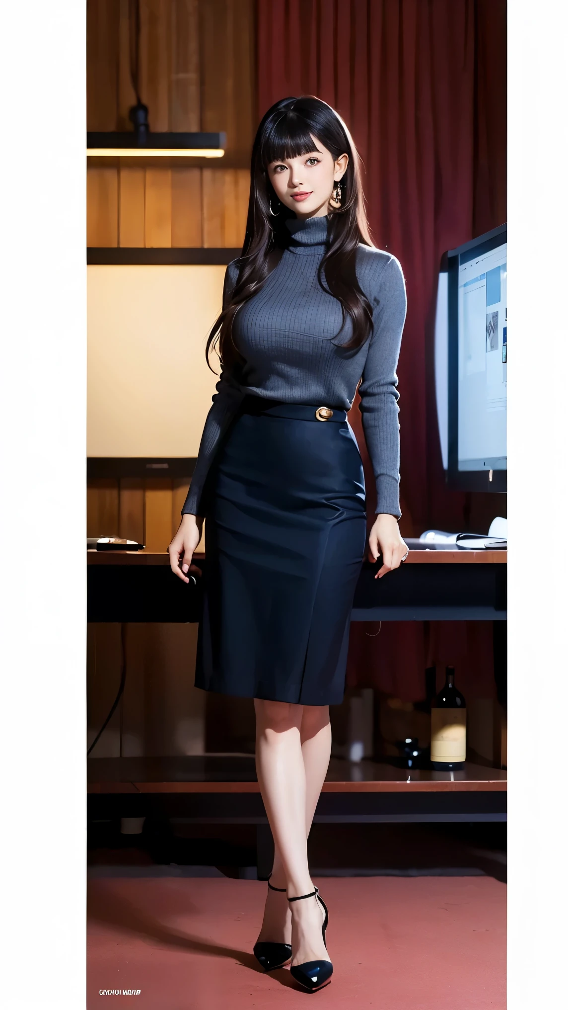 (Best Quality, Masterpiece, Photo realistic, Ultra Detailed, ultra high res, raw:1.3), (2girls:1.3), beautiful, Japanese, mature, 28yo, office workers, ({gold| silver| wine red| blue| navy| pink}, turtle neck knit, pencil skirt), (smile), long hair, bangs, high-waist, necklace, (at IT office), (long legs, high heels, full body:1.2), (big breasts:1.3), (crowd)