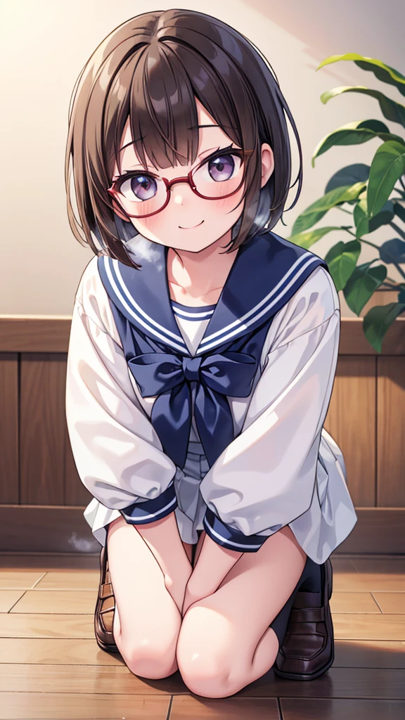 Hatopopoko、18-year-old、pretty girl , Short brown hair, Crouched down and looking embarrassed,smile、mischief、Pleasure、 Steam rises around her, Shooting from below, One girl, Very short hair, White blouse, Navy Blue Skirt, Navy blue socks, Brown Loafers, White panties, Red frame glasses, Everyday Style, Highest quality, 4K, 8K, High resolution, masterpiece:1.2, Super detailed, Realistic, photoRealistic, photo-Realistic:1.37, High resolution, 超High resolution, Studio Lighting, Ultra-fine painting, Sharp focus, Physically Based Rendering, Very detailed explanation, Professional, Vibrant colors, Bokeh