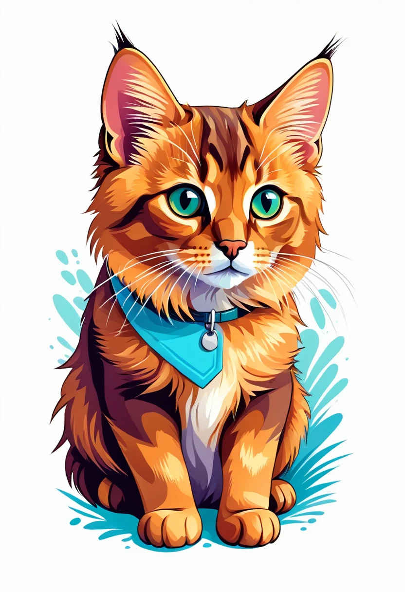 A t-shirt with graphic design art, flat illustration of a Somali breed cat, cuddly, colorful tones, highly detailed cleanliness, imagem vectorial, photorealistic masterpiece, professional photograpy, plain white background, isometric, Vibrant, vector