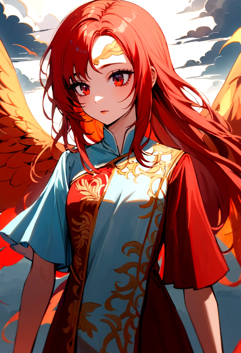 A girl with straight red hair and red eyes dressed in a tunic with cloud embroidery and a light blue ribbon on her forehead with cloud embroidery, her wings were red like that of the phoenix with fire. 