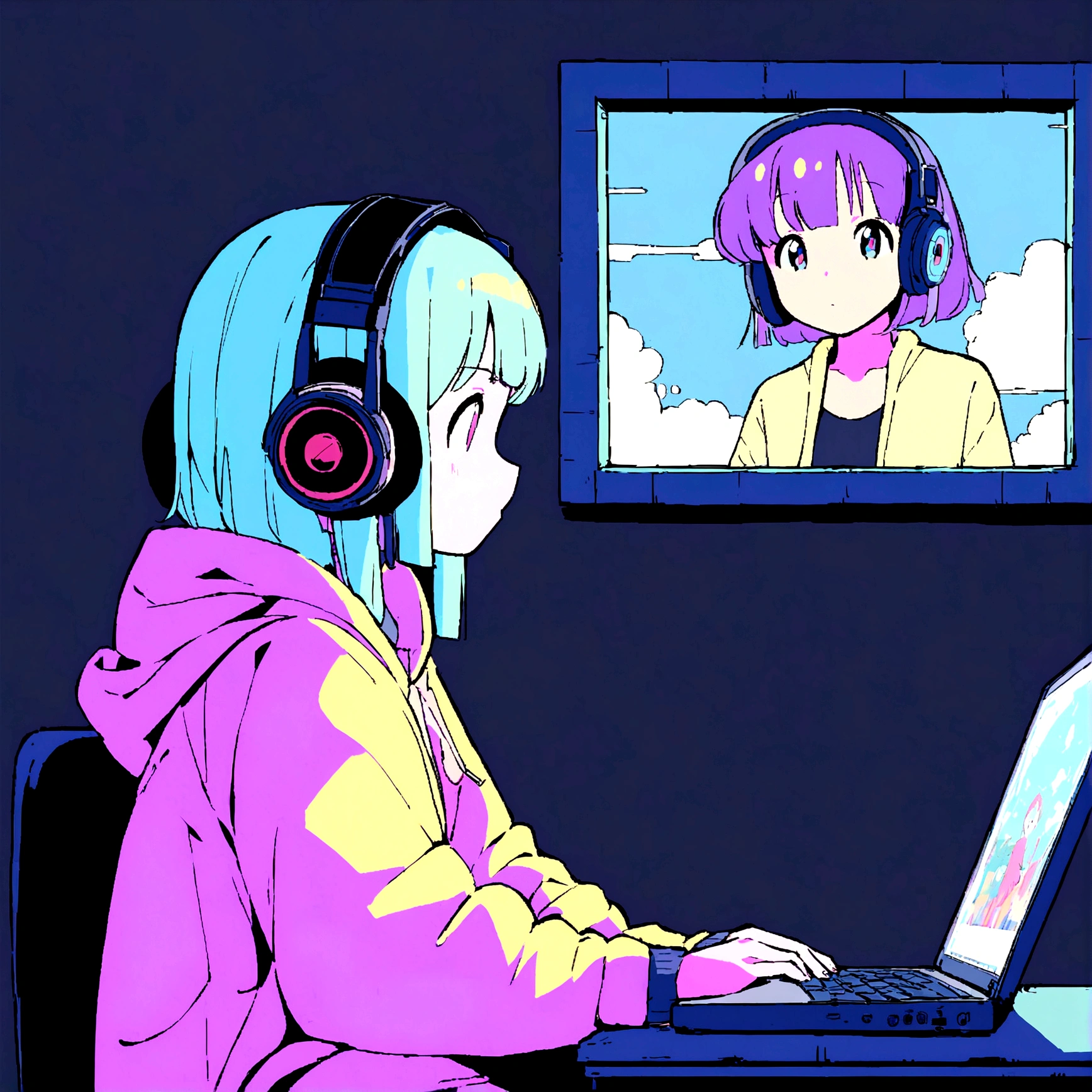Anime girl sitting at table with laptop and headphones, Night view outside the window, zeroガール, Praise the art style, Portrait of Lopi, lofi art, lo-fi sensation, zero, zeroバイブ, chill hop, Lo-fi girl aesthetic, lo-fi art, zeroカラー, lo-fi style illustration, hip hop lofi, Lo-Fi aesthetic